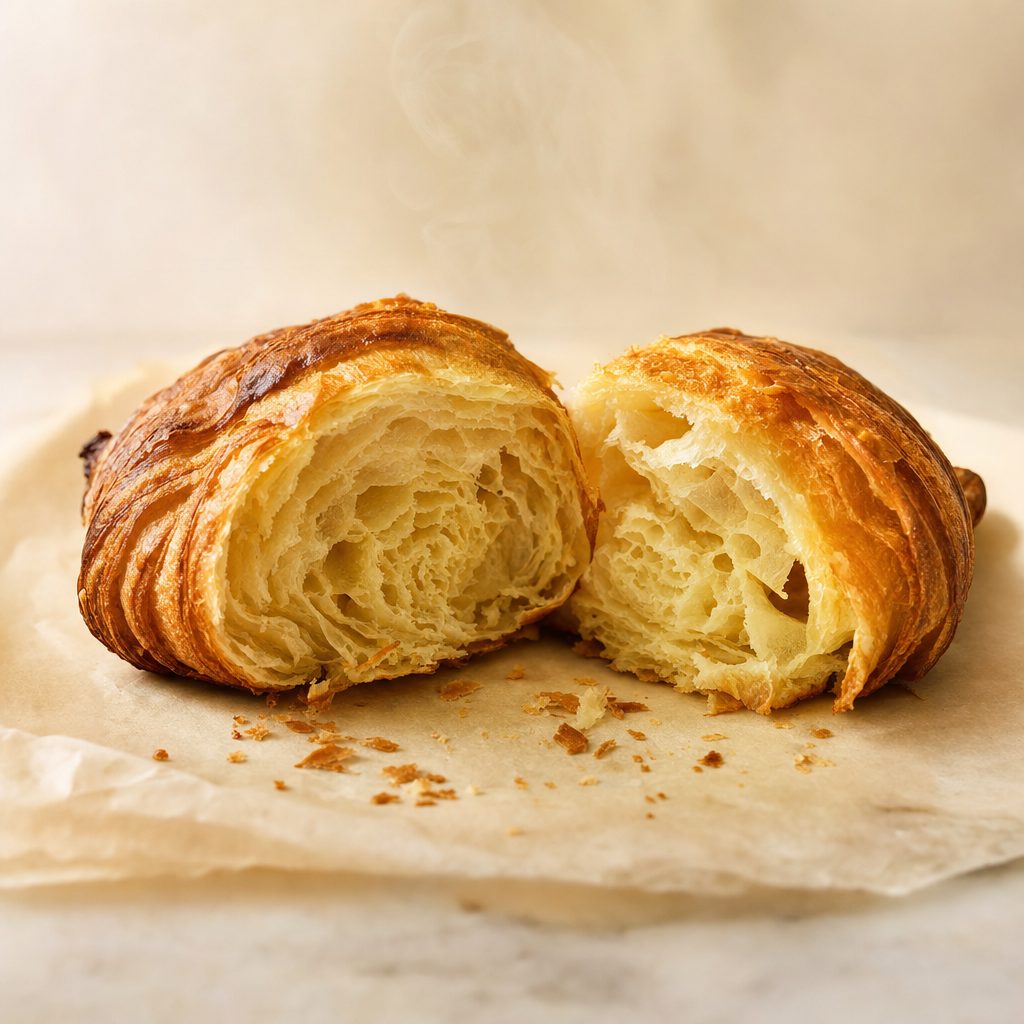 Croissant broken open, flaky layers