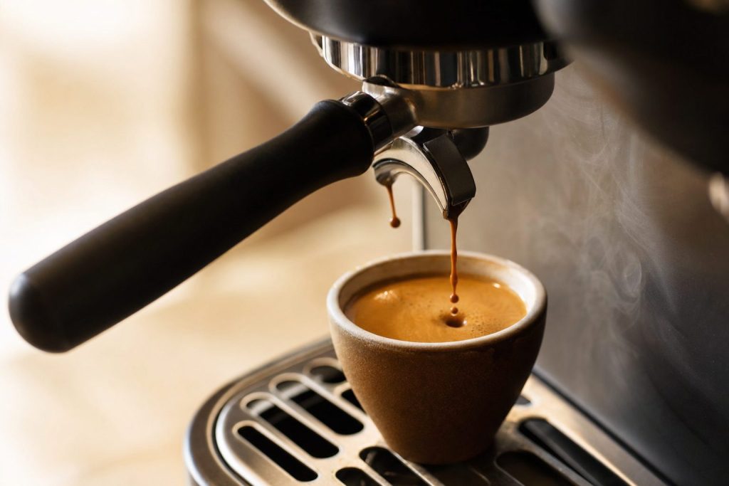 Espresso pouring into a cup, close and fast