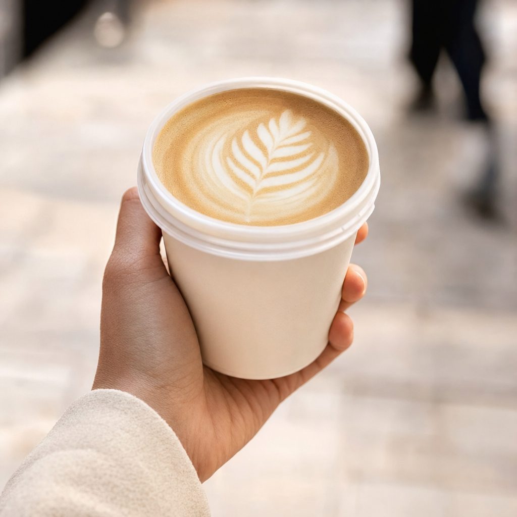 Flat white in a hand, on the move