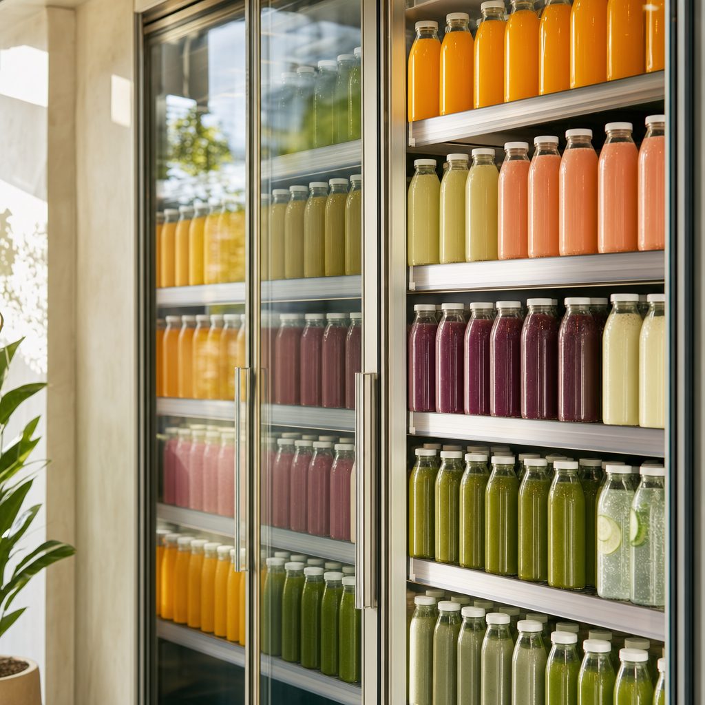 Fridge wall of coloured bottles