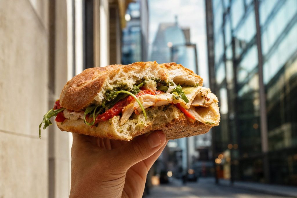 Hero — hand holding a sandwich, mid-bite, on a City street