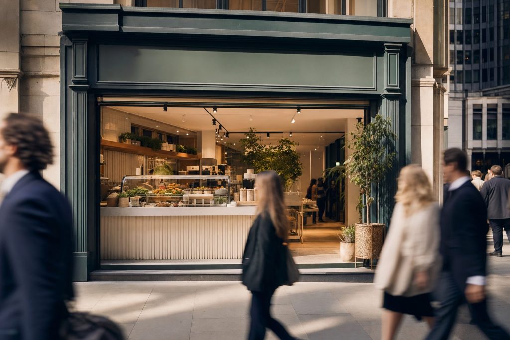 Map of the City, or shopfront exterior at morning rush